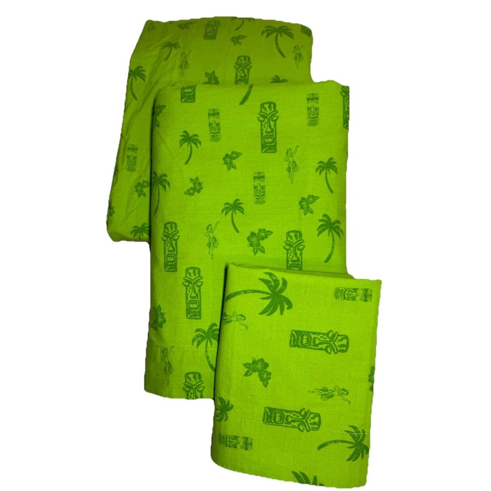 Dean Miller 3 Pc Twin Sheet Set Tiki Greens Hawaiian Hula Soft 100% Cotton